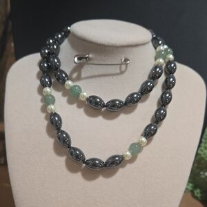Elegant Hematite, Jadeite and Pearl Beaded Necklace